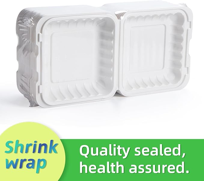 Takeout Container Mineral Filled PP Plastic - 8 Inch 34oz 55 Pack | Shrink Wrap BPA Free To Go Boxes | Reusable Dishwasher Microwave Freezer Safe for Food Delivery | White Disposable Containers