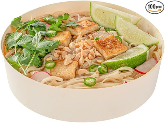Restaurantware Taipei 33 Ounce Food Containers 100 Round Wooden Bento Boxes - Lids Sold Separately Grease Impermeable Poplar To Go Boxes Disposable Serve Noodles Dumplings And More