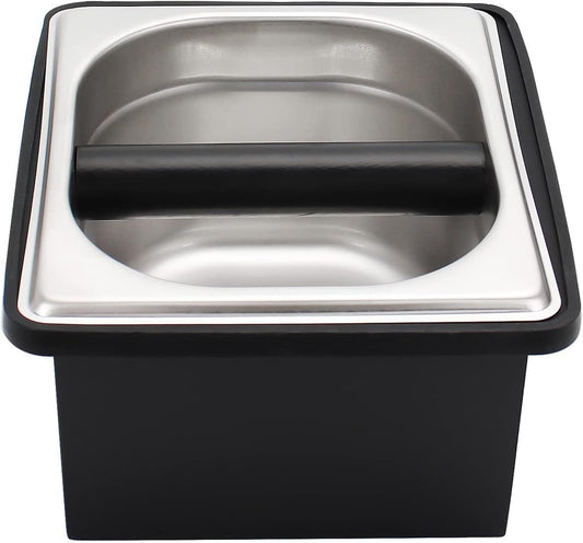 DIBTSA Espresso Knock Box,Stainless Steel Coffee Pucks Container, with Steel Holder and Noise Reduction Rubber Ring (7.28 x 6.8 x 4.25 inch)