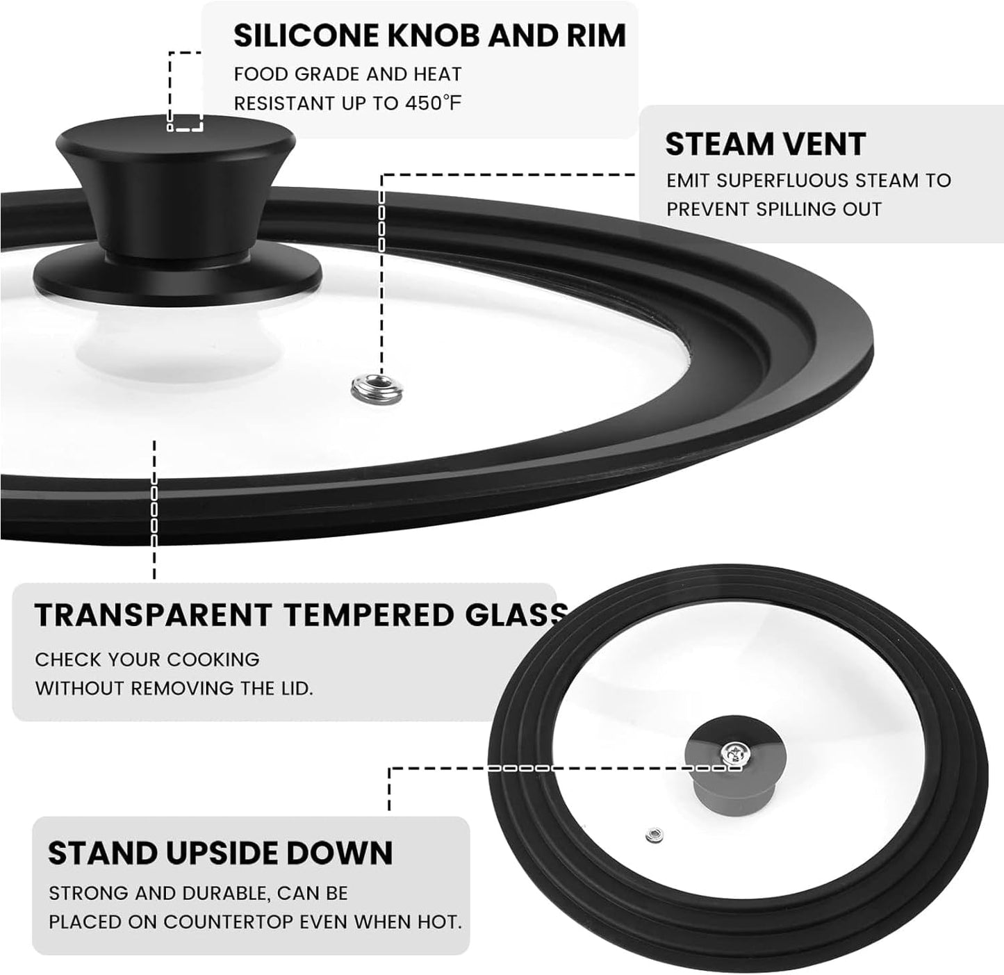 Universal Lid for Pots, Pans and Skillets, Tempered Glass Lid fit 10", 11", 12" Skillets, Pots, Frying Pans, Cast Iron, Crock Pot and Other Glass Covers Replacement