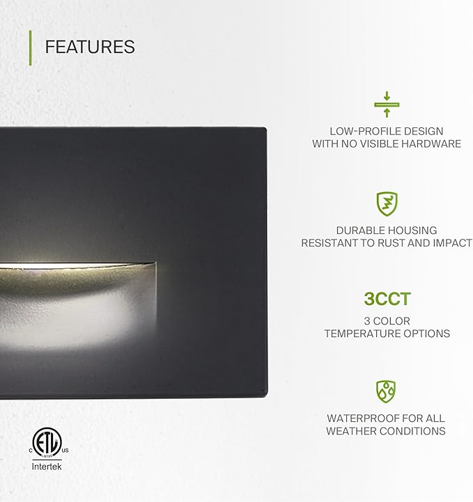 ASD LED Recessed Step Light Fixture, Outdoor & Indoor Stair Tread Lighting | 3CCT, Dimmable, Waterproof, ETL Listed | 3W 120LM 3000K-5000K 120V | Staircase Hardwired Illumination | Black, 12 Pack