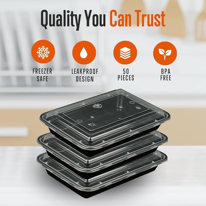 SQUATZ 50 Meal Prep Containers with Lids for Adults - 33oz, Microwave Safe, Reusable Food Storage, Freezer Safe, Leak-Free Lunch Container - Includes Utensils