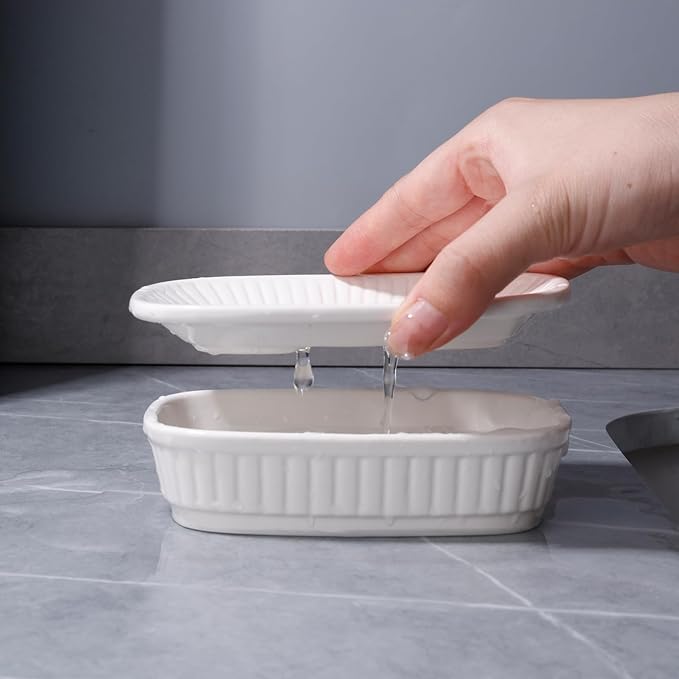ANTIS'S HOME Ceramic Soap Dish, Self-draining Soap Holder, Double Layer Bar Soap Holder, White Draining Soap Dishes for Bathroom Shower Kitchen, Minimalist Vintage Style, Keep Soap Dry