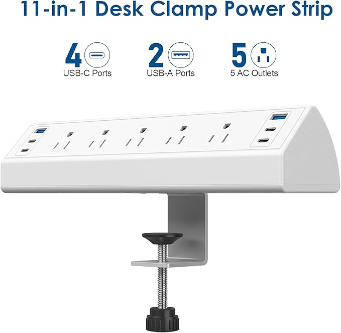 Desk Clamp Power Strip USB C,Under Desk Mount Power Station,20W Fast Charging,Fits 1.9'' Tabletop Edge,Desk Surge Protector,Perfect Home,Office Supplies (White, 5 Outlets & 6 USB Ports & 20 FT Cable)
