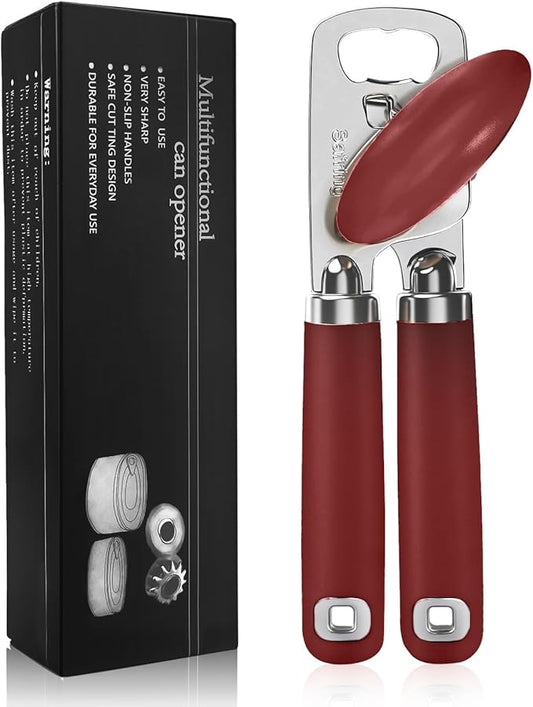Can Opener Manual, Heavy Duty Stainless Steel Smooth Edge Can Opener With Soft Touch Handle, Oversized Handheld Easy Turn Knob, Multi-Function Bottle Opener, Red