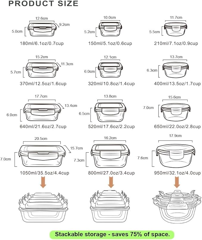 Airtight Meal Prep Containers for Food Storage [24 Piece] Leak Proof, Glass Bento Boxes for Lunch (12 lids & 12 Containers)