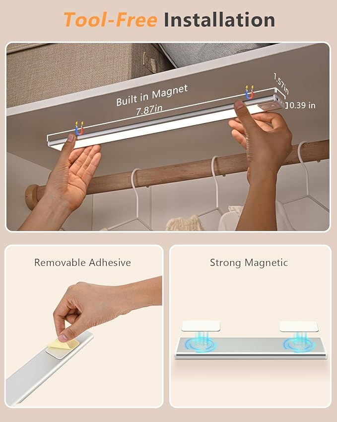 Under Cabinet Lighting, LED Rechargeable Motion Sensor Closet Lights, 3 Color Temps Under Counter Lights, Wireless Dimmable Magnetic Battery Operated Light Indoor for Kitchen, Stairs, Pantry