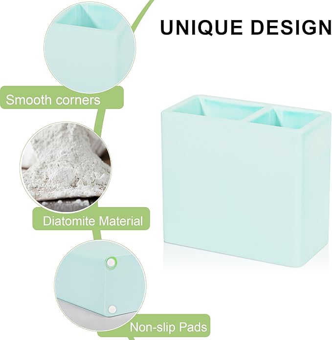 Diatomite Toothbrush Holder 2 Slots Tooth Brush Holder for Bathroom, Kids Electric Toothbrush and Toothpaste Organizer for Countertop, Shower, Vanity, Green