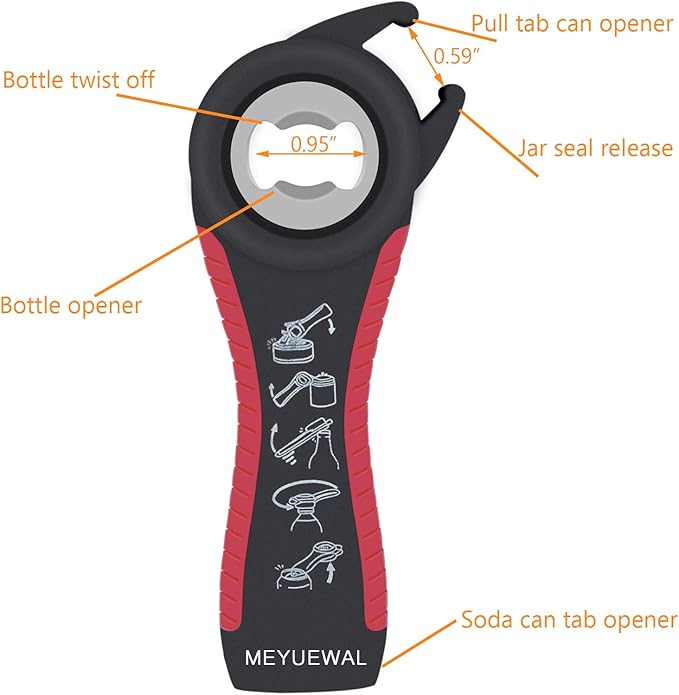 Jar Opener Bottle Opener for Weak Hands, 5 in 1 Multi Function Can Opener Bottle Opener Kit with Silicone Handle Easy to Use for Children, Elderly and Arthritis Sufferers (New red)
