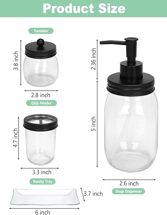 Haturi Mason Jar Bathroom Accessories Set, 4Pcs Glass Bathroom Accessory Set Complete w/Soap Dispenser, Toothbrush Holder, Qtip Holder, Vanity Tray, Rustic Farmhouse Decor, Gift for Apartment (Black)