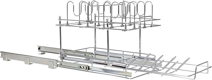 Household Essentials Glidez Multipurpose Chrome-Plated Steel Pull-Out/Slide-Out Basket Storage Organizer for Pots and Lids - 2-Tier Dual-Slide Design - Fits Standard Size Cabinet or Shelf, Chrome