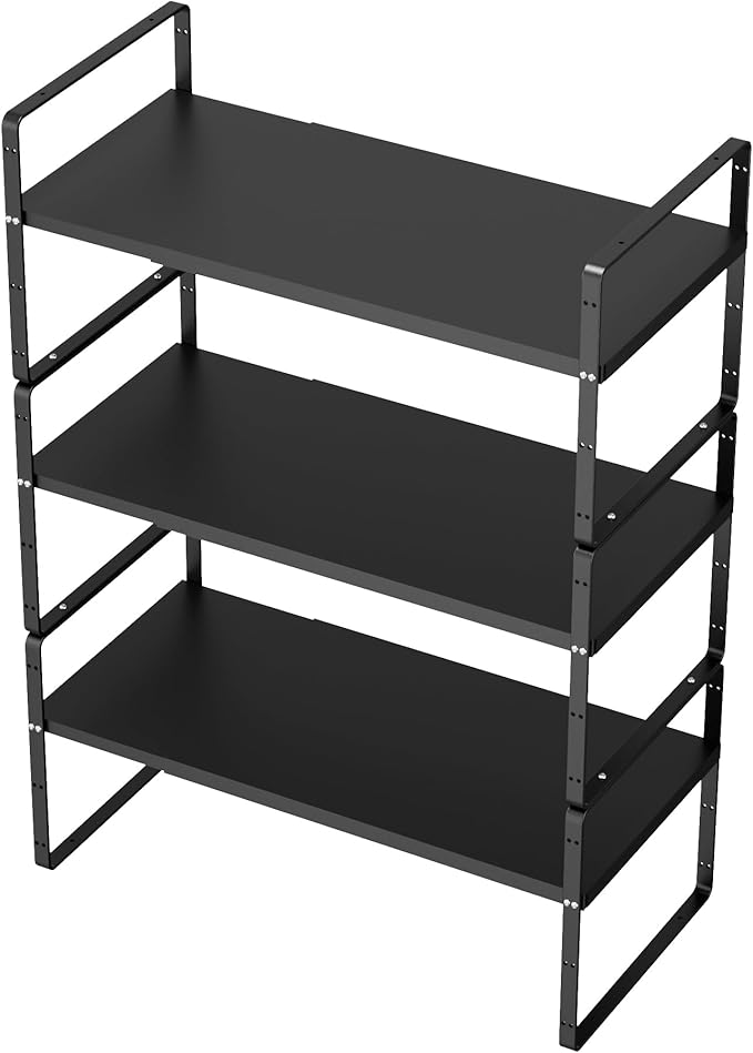 SANNO 3-Shelf Expandable Kitchen Organizer, Sturdy Metal Shelves, Stackable Counter Shelves, 16.54-27.17 inches Long, 60 lbs Weight Capacity