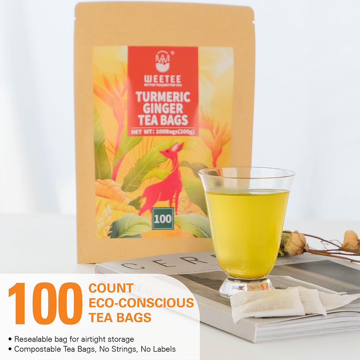 WT WEETEE Turmeric Ginger Tea Bags, 100% Pure Turmeric and Ginger Root Herbal Blend Savory & Spicy, Natural Caffeine-free Spice Tea