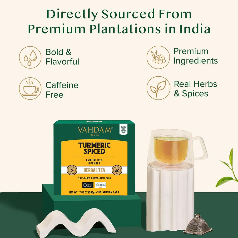 VAHDAM, Turmeric Spice Herbal Tea Bags (100 Pyramid Tea Bags) | Caffeine Free, Non GMO & Gluten Free | Turmeric Ginger Tisane with Cardamom, Cinnamon, Lemongrass & Black Pepper