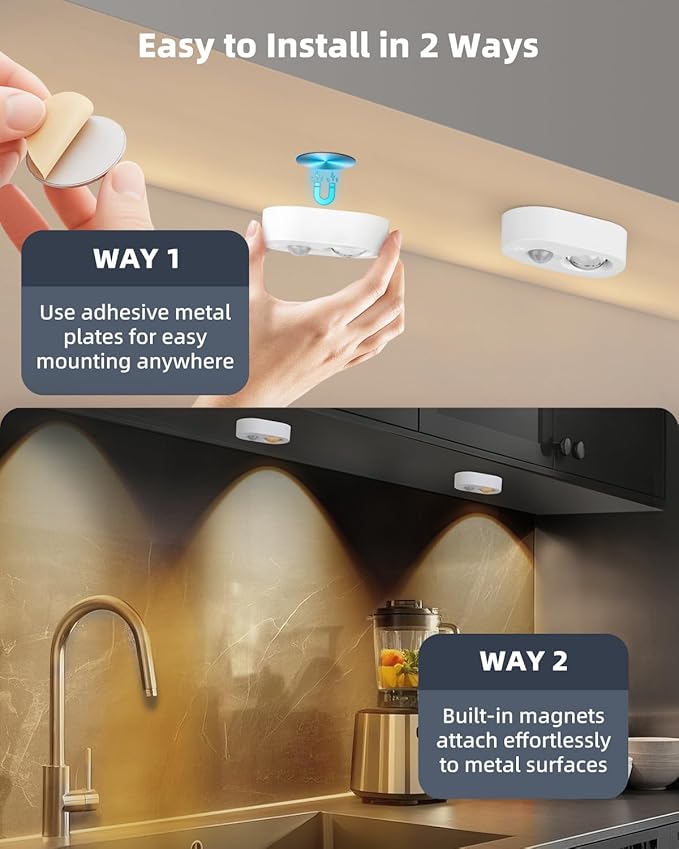 Yiliaw LED Motion Sensor Puck Lights Indoor, Small Rechargeable Under Cabinet Lighting, Dimmable Warm White Closet Lights, Stick on Wireless Night Light for Drawer, Shelf, Kitchen, White (6 Pack)