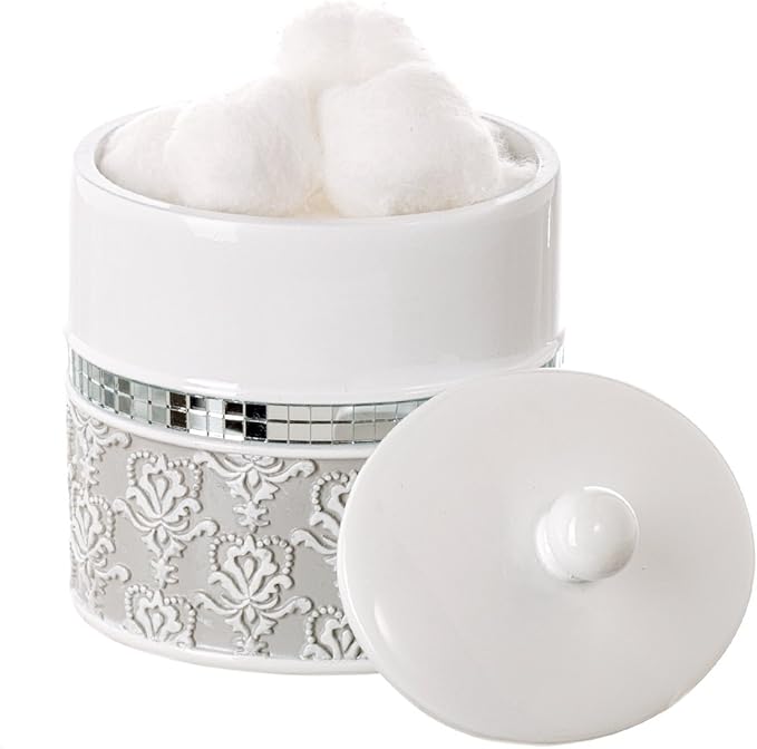 Creative Scents Mirror Damask Qtip Holder - Decorative Qtip Holder Canister Jar, Durable Cotton Swab Ball Holder/Container - Bathroom Vanity Accessories (Gray & White)