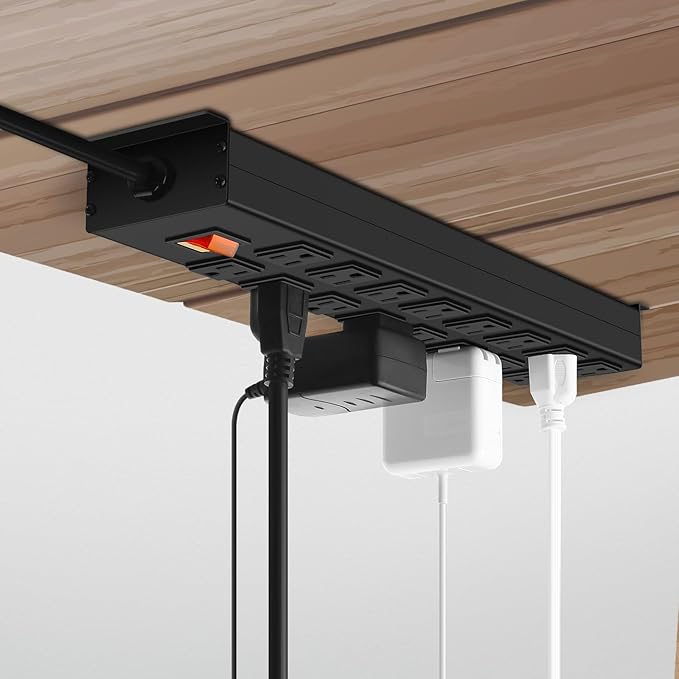 HHSOET Metal 16 Outlet Mountable Power Strip, Wall Mount Garage Workbench Socket, Gaming Table Surge Protector with 3 FT Power Cord.(Black)