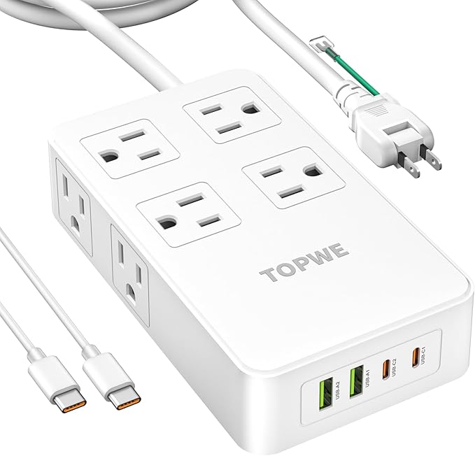 Power Strip Surge Protector with Multiple Outlets, Charging Station(100W Max), Flat Plug Extension Cord 10 Ft Long Cord, 8 Outlets & 4 USB Ports (2 USB C), Desk Charging Station for Home Office