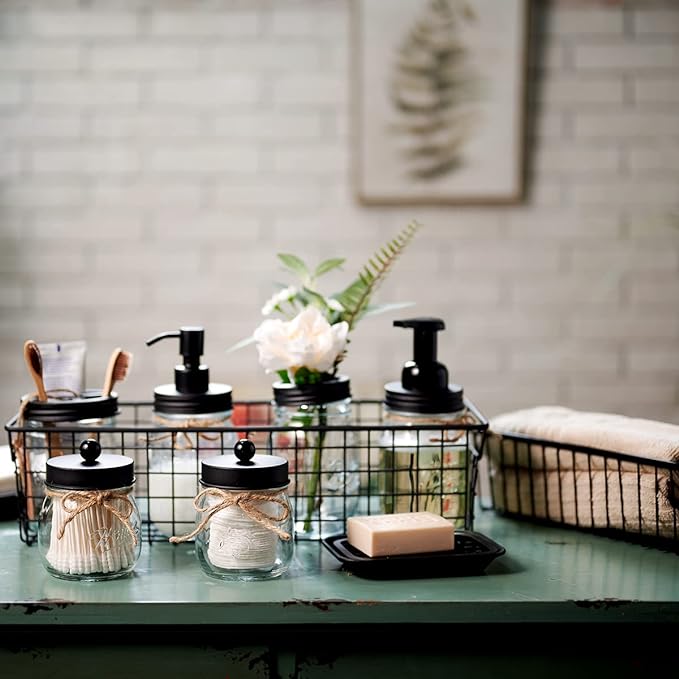 SheeChung 6Pcs Mason Jars Bathroom Accessories Set Complete - Toothbrush Holder, Lotion Soap Dispenser, 2 Mason Jars, Soap Dish, Toilet Paper Basket, Rustic Farmhouse Decor (Black, 6Pcs Bathroom Set)