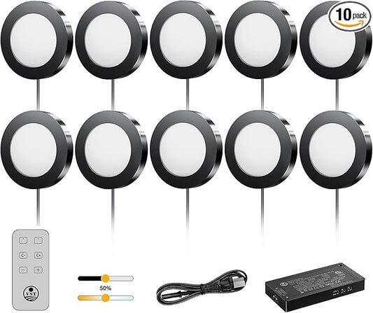 VST Under Cabinet Lights CCT 3000K-6500K, LED Puck Light Color Temperature and Brightness Adjustable with Touch Remote Dimmer ETL-Listed LED Driver for Drawer Wardrobe Kitchen (10Pcs Black)