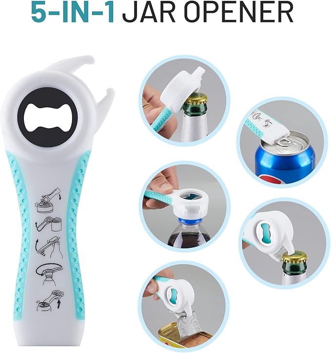 Jar Bottle Opener for Weak Hands,4 &5 in 1 Multi Function Non-Slip Can Lid Opener Tools with Silicone Jar Gripper Pad,Suitable for Seniors,Children and Arthritic Hands (Lake Green)