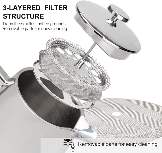 Secura French Press Coffee Maker, 17-Ounce, 304 Stainless Steel Insulated Coffee Press with Extra Screen