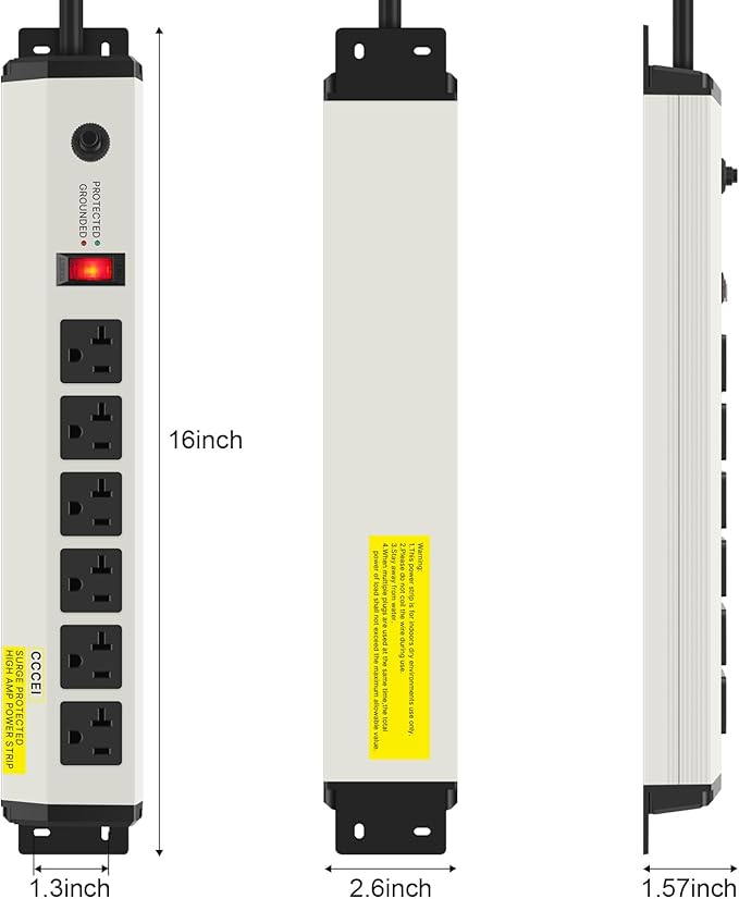 CCCEI 12 Gauge Heavy Duty Power Strip Surge Protector 4800J, 20 Amp 6 Plug Industrial Shop Garage Metal Multiple Outlets, 20 FT Extension Cord 5-15P Adapter High Amp 6-20R T-Slot 20a for Appliance.