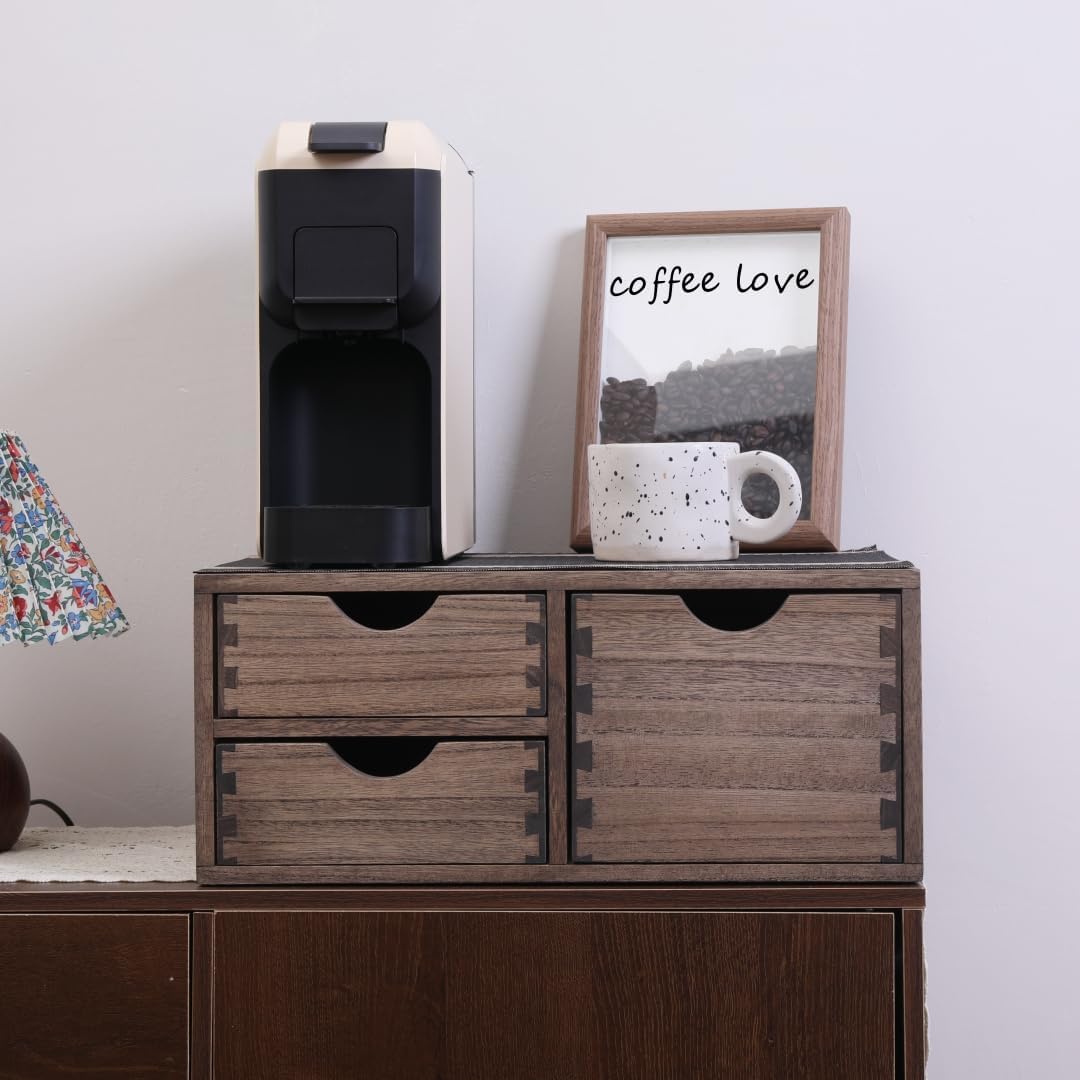 Coffee Pods Storage Drawer Holder for Capsules - Multi Functional Desk Organizer Drawers For K-Cup Coffee Maker Brew - Kitchen Mini Wooden Box Chest Sideboard Counter Organization CF2D3C Dark