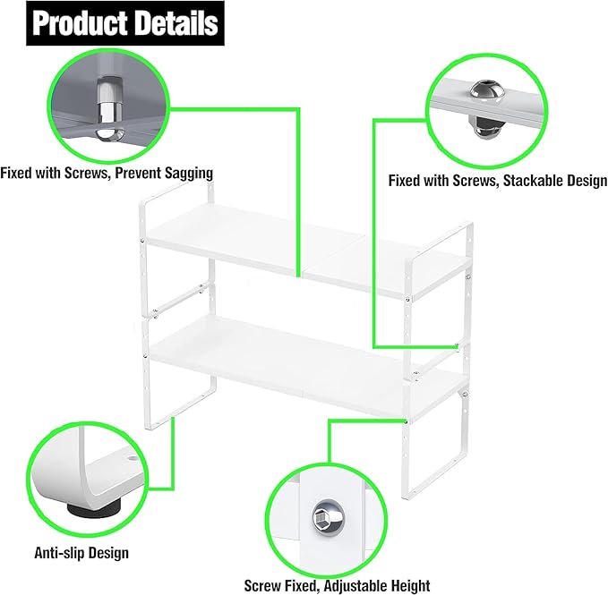 ‎Expandable Kitchen Cabinet Storage Shelf, Stackable Metal Pantry Storage Shelves Organizer, Adjustable Height Counter Spice Rack for Kitchen Cabinet (White - 16.5"-27" L x 8" W x 9.6" H - 3Pack)
