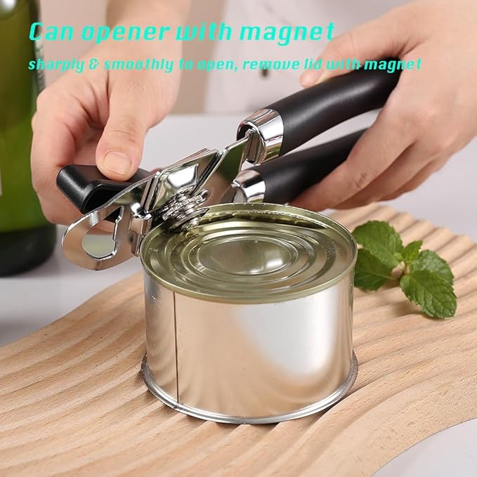 2025 Upgrade 3-in-1 Manual Can Opener with Bottle Opener & Milk Powder Opener, Effortless Operation, Soft Grip Handles, Easy to Turn, Heavy Duty Can Openers for Seniors - Remove Lid with Magnet, Black