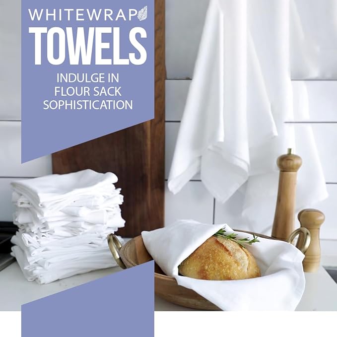 WHITEWRAP Flour Sack Towels| Tea Towel for Crafts| Kitchen Dish Cotton Blank Towel for Embroidery|Baking Bread Proofing Linen Cover| Thick Absorbent Quick Dry| 3 Pack 28"x28" White