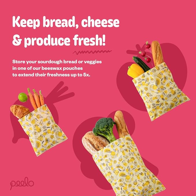 PEELO Beeswax Food Wrap Bag, Bee Wrap Sustainable Food Storage Wraps, Bees Bags Reusable, Beeswax Wraps for Food Reusable, Fruit Design, Medium