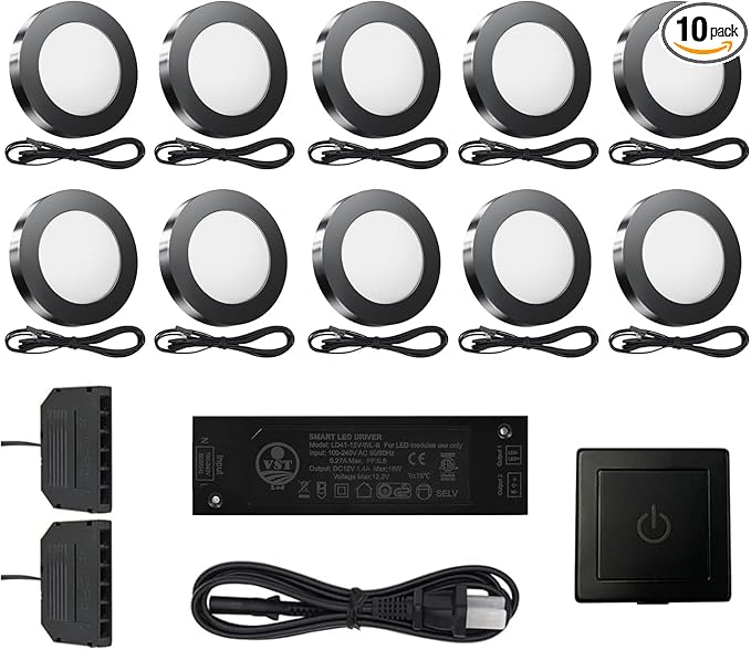 VST Under Cabinet Lighting Plug in with Wired Touch Dimmer Switch,Recessed or Surface Mount Design,Warm White 3000K 12V 2W(20W Total, 10 Pack Black) Puck Lights Fixtures