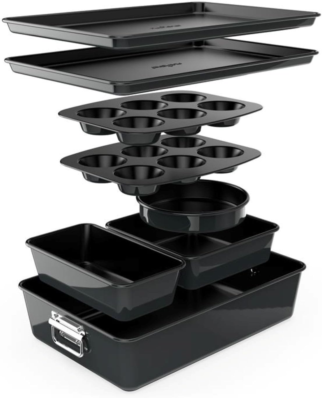 NutriChef 8-Piece Stackable Nonstick Bakeware Set - Premium Steel Baking Tray Set - Includes Round Cake Pan, 6-Cup Muffin Pans, Wide/Square Brownie & Loaf Pans, Cookie Sheet, & Roaster Pan (Black)