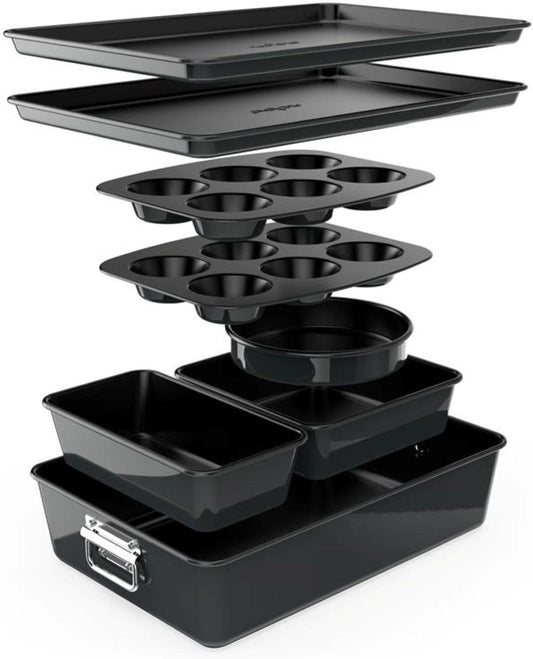 NutriChef 8-Piece Stackable Nonstick Bakeware Set - Premium Steel Baking Tray Set - Includes Round Cake Pan, 6-Cup Muffin Pans, Wide/Square Brownie & Loaf Pans, Cookie Sheet, & Roaster Pan (Black)