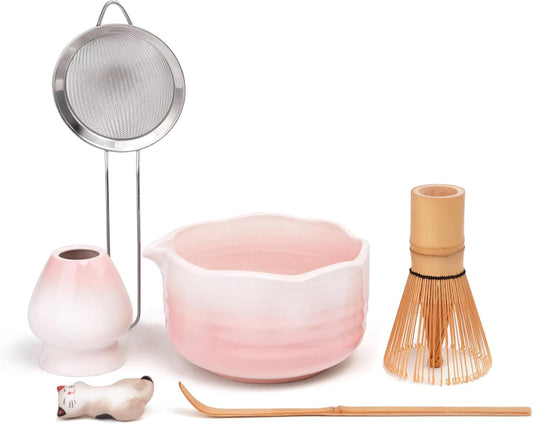 Pink Matcha Whisk Set, 6 Pcs Matcha Kit Includes Pink Matcha Bowl with Spout, Macha Whisk & Holder, Tea Scoop, Stainless Sifter, Cat Scoop Rest, Unique Macha Gifts for Women, Friend, Birthday