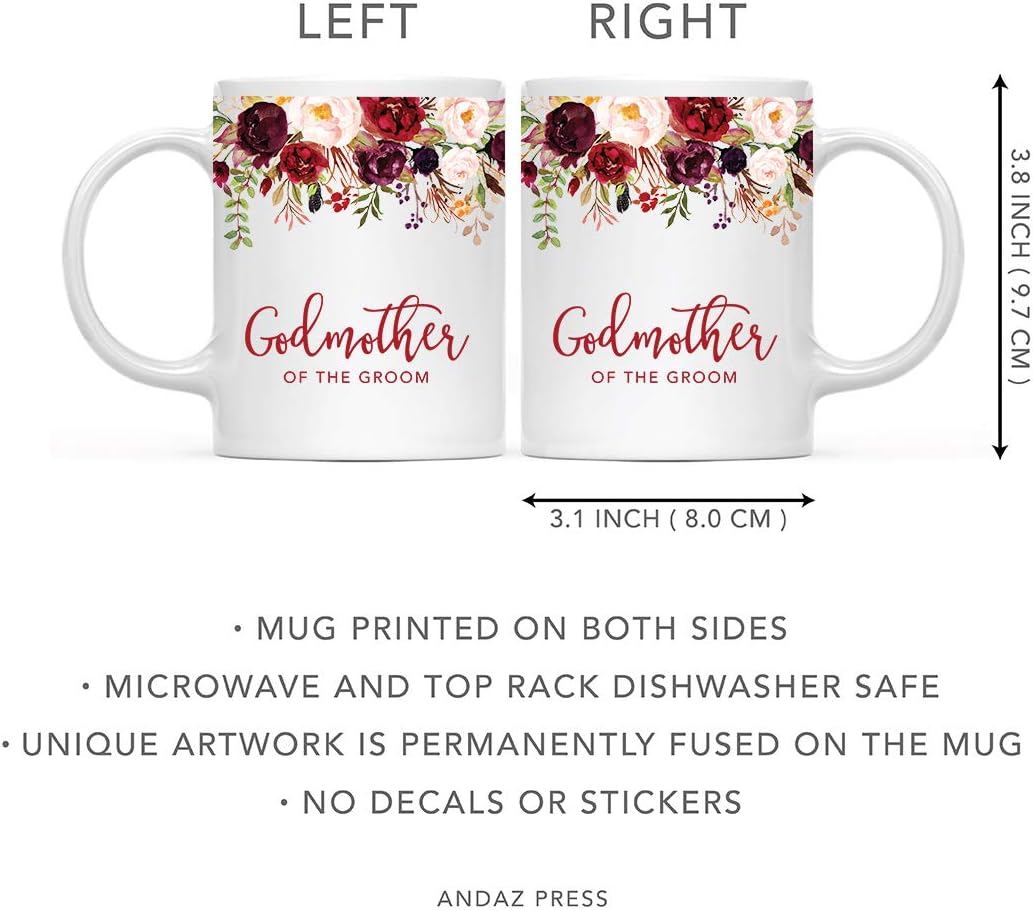 Andaz Press 11oz. Wedding Ceramic Coffee Tea Mug Gift, Fall Autumn Marsala Burgundy Flowers Roses Florals, Godmother of the Groom, 1-Pack, Includes Gift Box