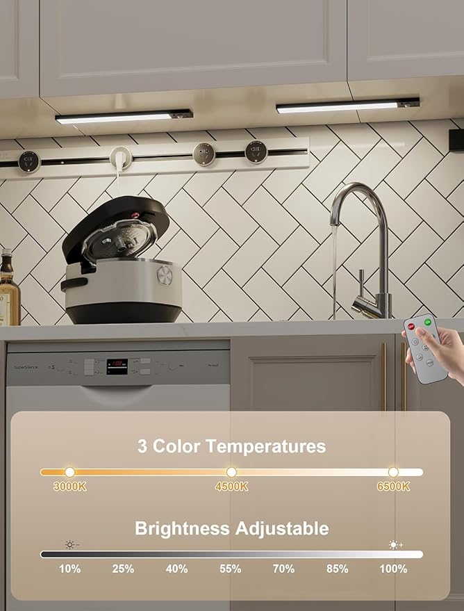 8 Pack Under Cabinet Lights, Rechargeable Motion Sensor Light Indoor, LED Closet Lights Wireless, 3 Color Dimmable Under Cabinet Lighting, Magnetic, Closet Light with Remote Control for Kitchen