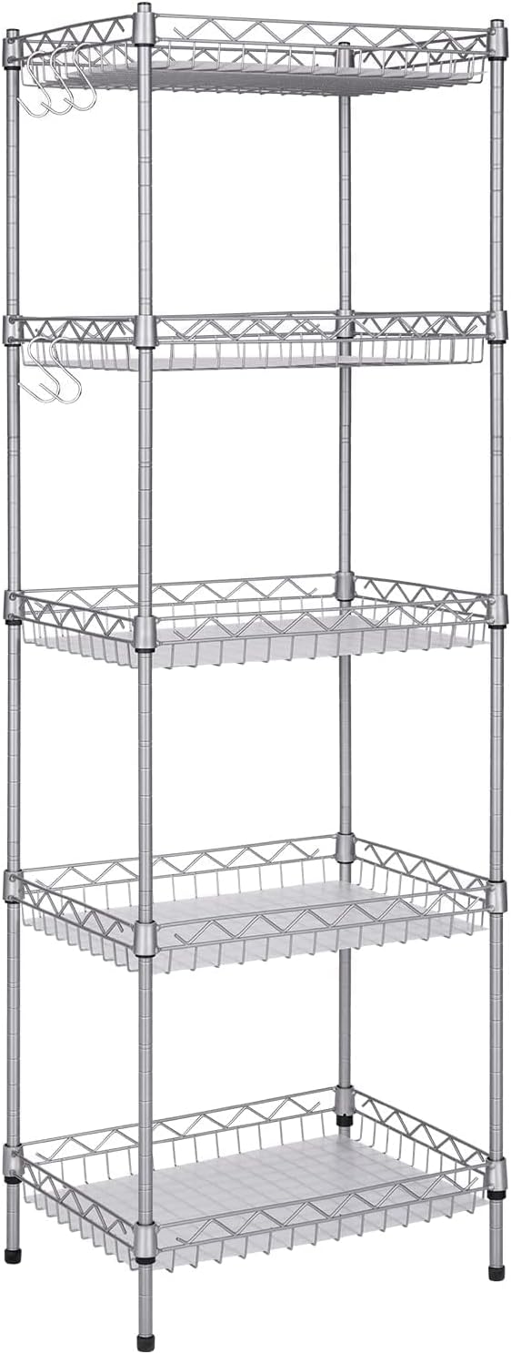Storage Shelves, 5-Tier Wire Shelving Unit with Baskets Storage Rack Corner Shelf Shelving Adjustable Storage Shelf, 11.8" D x 15.7" W x 62.99" H,Silver