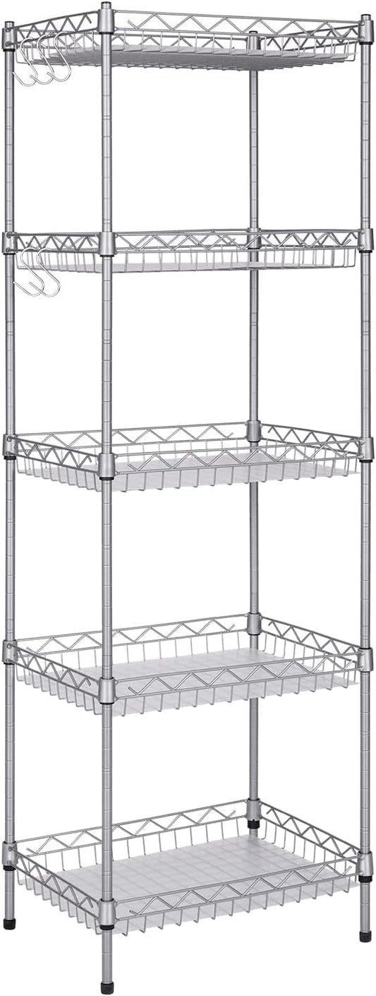 Storage Shelves, 5-Tier Wire Shelving Unit with Baskets Storage Rack Corner Shelf Shelving Adjustable Storage Shelf, 11.8" D x 15.7" W x 62.99" H,Silver
