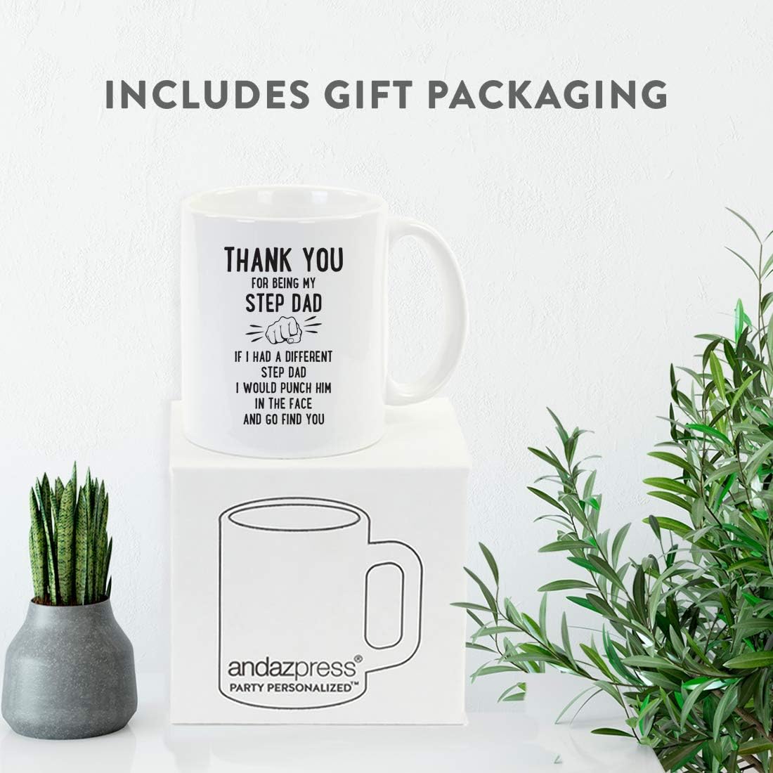 Andaz Press Funny Family 11oz. Coffee Mug Gift, Thank You For Being My Step Dad, Punch in Face, 1-Pack, Christmas Birthday Drinking Cup Present Ideas
