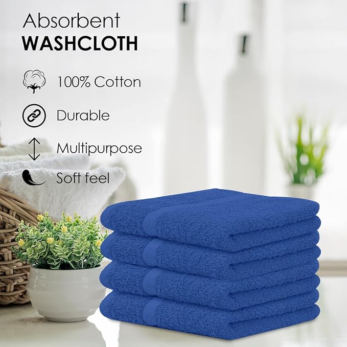 Avalon Towels Cotton Washcloths – (Pack of 24) Size 12x12 Inches, 100% Ring Spun Cotton, Soft & Absorbent Face Towels, Gym Towels, Hotel and Spa Quality, Reusable Fingertip Towels (Blue)