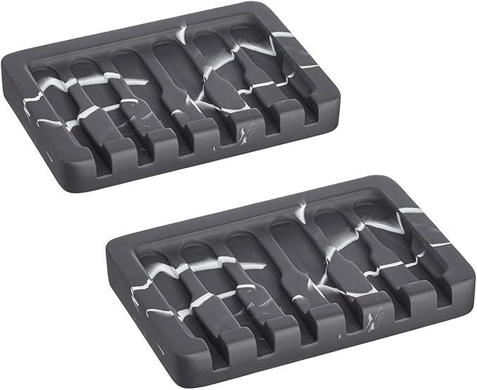 2PCS Self Draining Soap Dish - Marble Look Soap Holder Tray Savers Box Container Sponge Holder for Bathroom Shower Kitchen, Black
