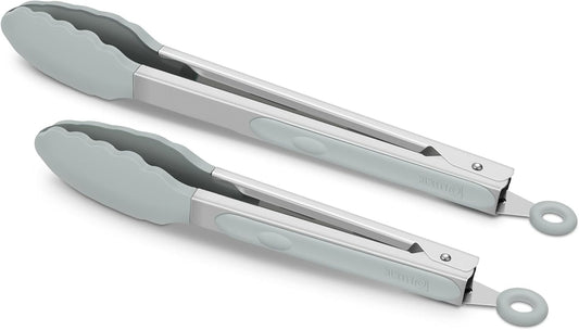 2 Pack Warm Grey Kitchen Tongs, Premium Silicone BPA Free Non-Stick Stainless Steel BBQ Cooking Grilling Locking Food Tongs, 9-Inch & 12-Inch