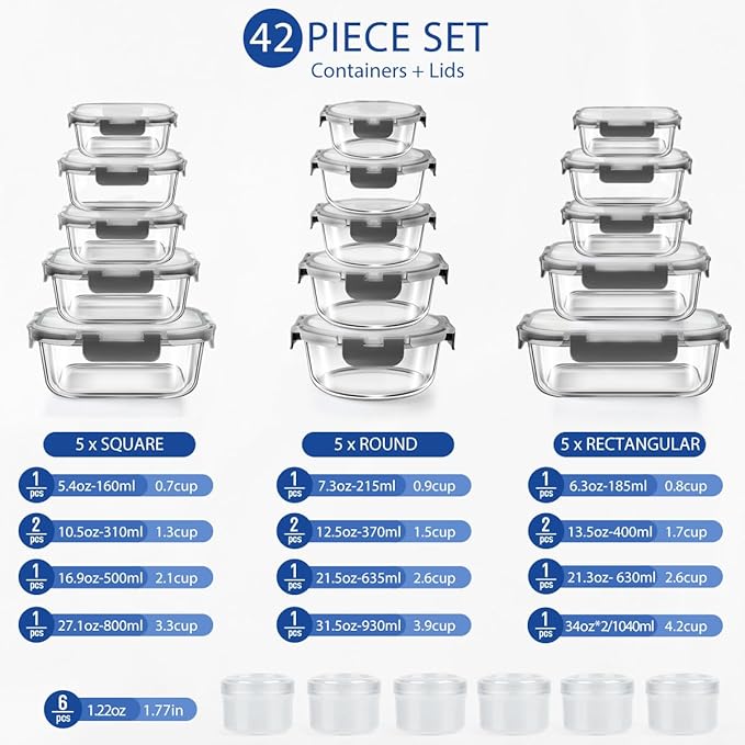 42pcs Glass Food Storage Containers with Lids Set, 21 Containers & 21 Lids Glass Meal Prep Containers with Snap Locking Lid Set, Leak Proof Lunch Container BPA-Free,Grey