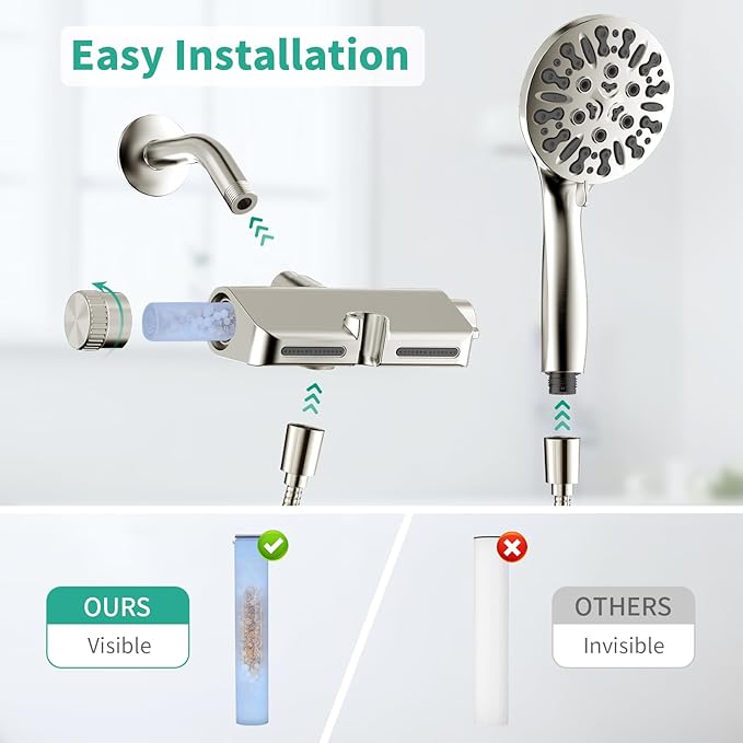 Filtered Shower Head with Handheld Combo, Hard Water Filter Shower Head with 9 Shower Modes, Dual Shower Heads High Pressure, Shower Filters to Remove Chlorine and Fluoride (Brushed Nickel)