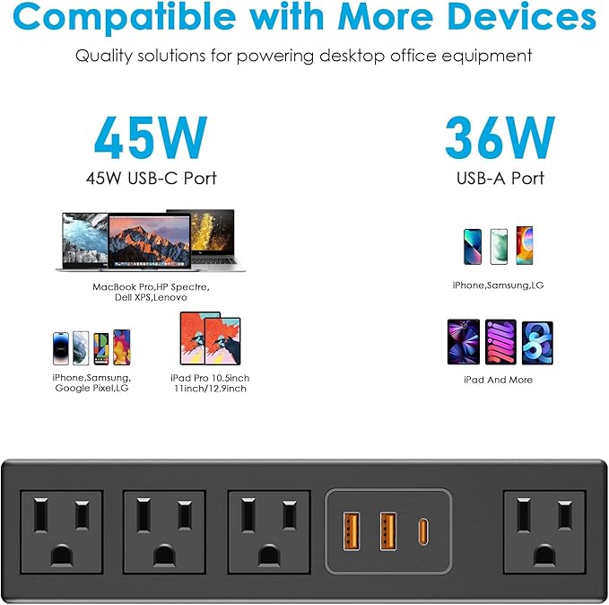 CCCEI Desk Clamp Power Strip with 45W USB-C Ports, Desktop Mount Surge Protector 1200J, Widely Spaced Desk Outlet Station, Fast Charging, 6 FT Flat Plug, Fit 1.9 inch Tabletop Edge.
