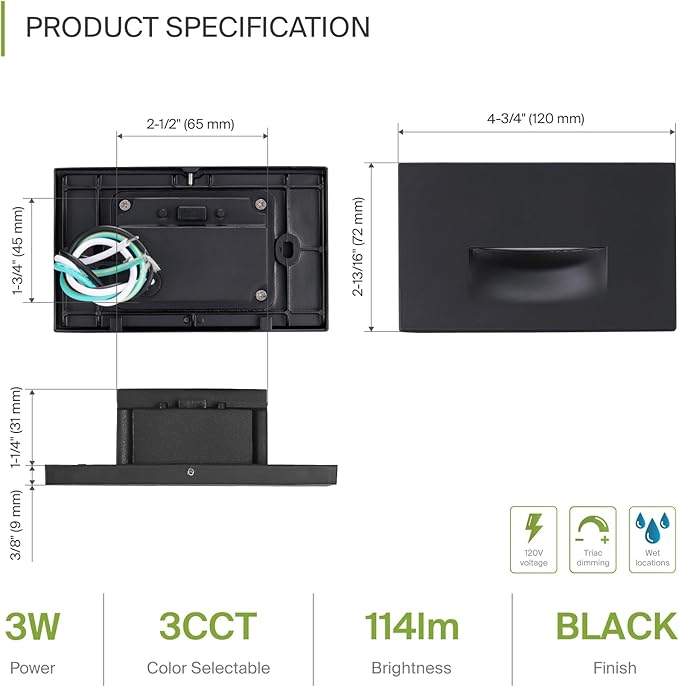 ASD LED Recessed Step Light Fixture, Outdoor & Indoor Stair Tread Lighting | 3CCT, Dimmable, Waterproof, ETL Listed | 3W 120LM 3000K-5000K 120V | Staircase Hardwired Illumination | Black, 4 Pack