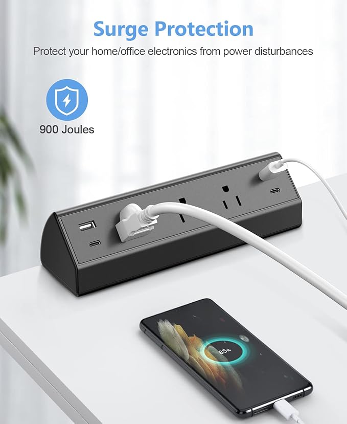 Desk Clamp Power Strip,40W Fast Charging Station,Desktop Mount Surge Protector,2 PD 20W USB C Ports,3 Outlets for Home,Office,Fit 1.9" Tabletop Edge (Black, 3 Outlets & 4 USB Ports & 10 FT Cable)