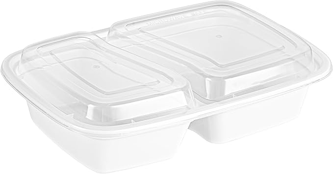 Restaurantware Asporto 32 Ounce Compartment Take Out Boxes, 50 Microwavable Meal Prep Containers - 2 Compartments, With Clear Plastic Lids, White Plastic Food Containers, Do Not Contain BPA